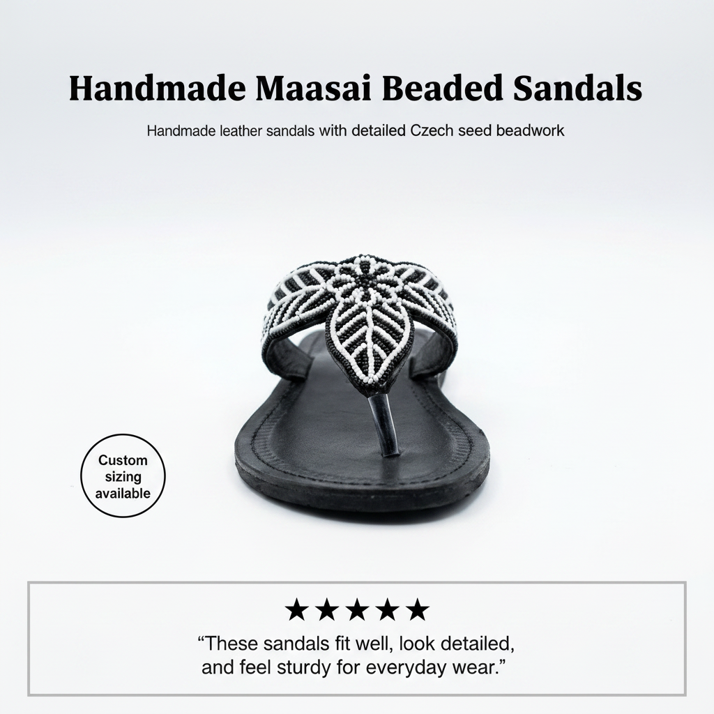 Kanga Beaded Sandals- Black & White
